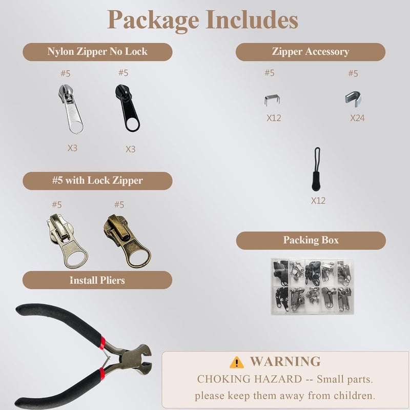 Vintex 62 Pcs Zipper Repair Kit with Replacement Sliders, #5 Metal Zipper Pull Replacement Kit with Install Plier for Jackets, Coats, Tents, Backpacks, Sleeping Bags, and Luggage - Image 2